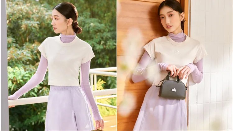 在粉紫色內搭高領外疊穿奶白色短版上衣。品牌提供