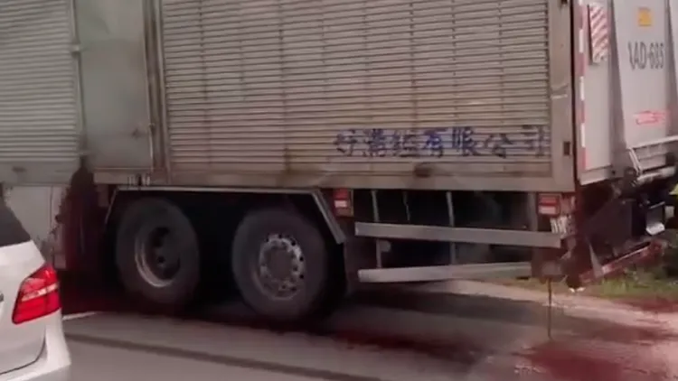 大貨車沿路「濺血」，畫面怵目驚心。翻攝自記者爆料網