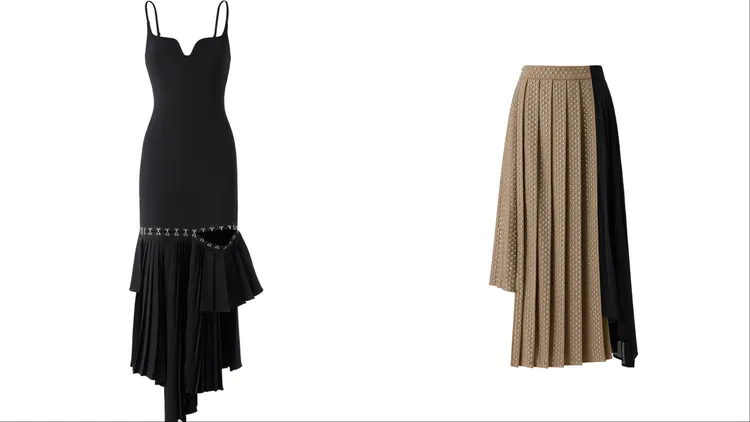 多層次裙襬不對稱洋裝（左）6999元、羊毛混紡鉚釘裙（右）7999元。品牌提供