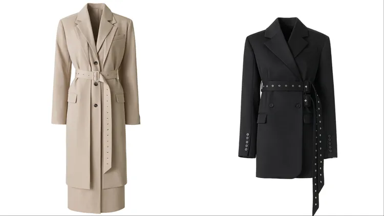 羊毛混紡雙層大衣（左）1萬2999元、配腰帶羊毛西裝外套（右）9999元。品牌提供