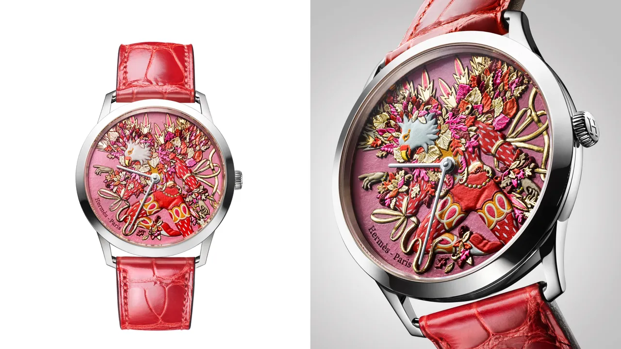 Slim D’Hermès Le sacre des saisons工藝腕錶|秋季,39.5mm,白K金錶殼,金質錶面搭配手工浮雕、微繪工藝,亮面焰紅色短吻鱷魚皮錶帶,愛馬仕自製H1950超薄自動上鍊機械機芯,動力儲存48小時,防水深度30米,限量12只,289萬9000元。品牌提供