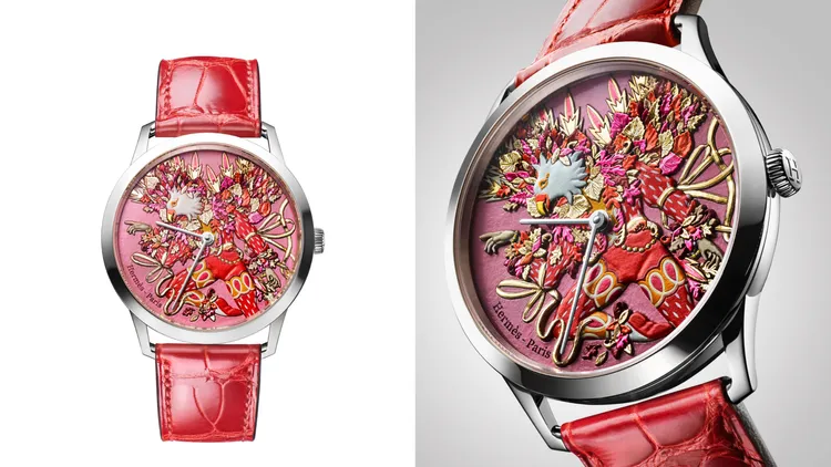 Slim D’Hermès Le sacre des saisons工藝腕錶｜秋季，39.5mm，白K金錶殼，金質錶面搭配手工浮雕、微繪工藝，亮面焰紅色短吻鱷魚皮錶帶，愛馬仕自製H1950超薄自動上鍊機械機芯，動力儲存48小時，防水深度30米，限量12只，289萬9000元。品牌提供