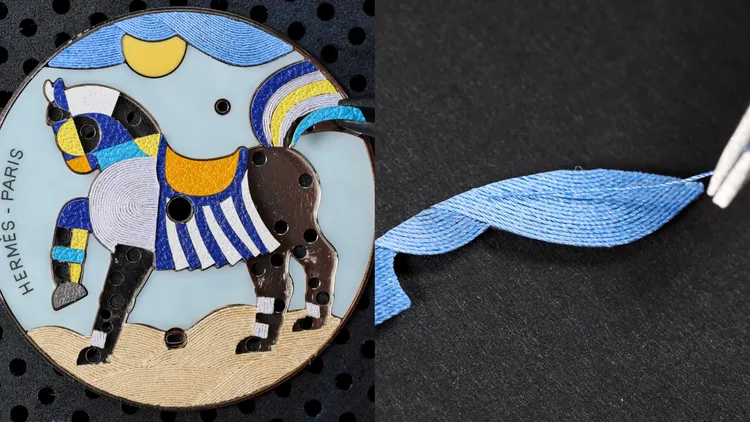 Arceau Mon Premier Galop工藝腕錶運用了琺瑯燒製、皮革鑲嵌與絲線等工藝。品牌提供
