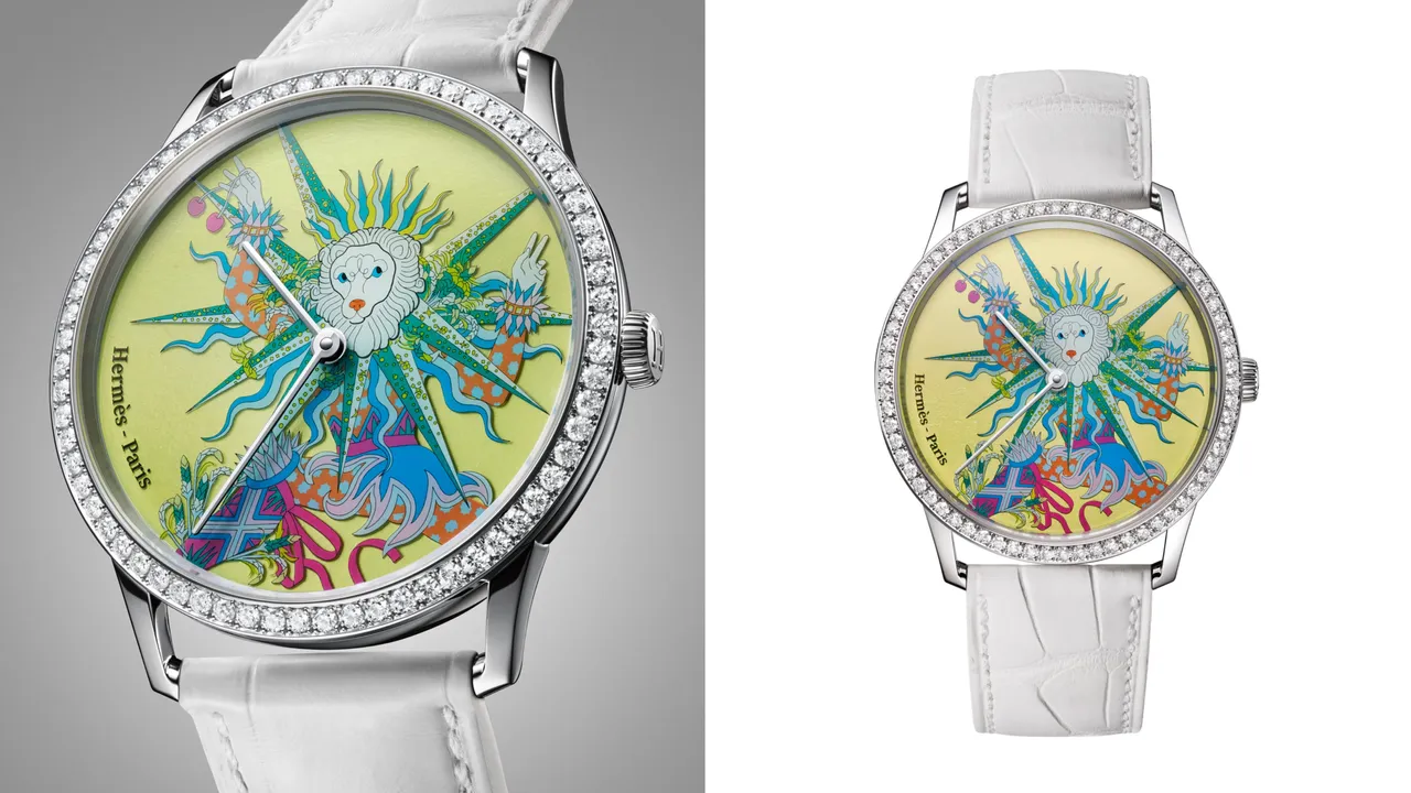 Slim D’Hermès Le sacre des saisons工藝腕錶|夏季,39.5mm,白K金錶殼鑲嵌66顆鑽石,藍寶石水晶錶面搭配手工鐫刻、微繪工藝,霧面白色短吻鱷魚皮錶帶,愛馬仕自製H1950超薄自動上鍊機械機芯,動力儲存48小時,防水深度30米,限量12只,310萬3000元。品牌提供