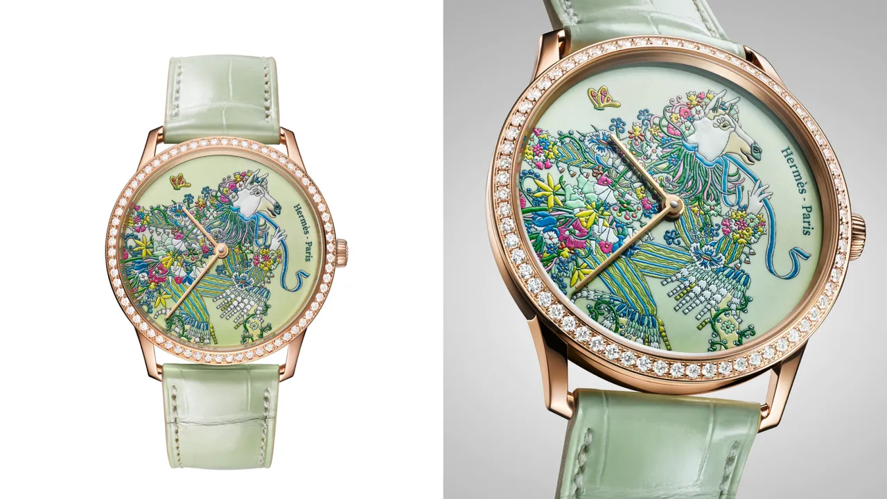 Slim D’Hermès Le sacre des saisons工藝腕錶|春季,39.5mm,玫瑰金錶殼鑲嵌66顆鑽石,檸檬綠玉髓錶面搭配微繪工藝,霧面淡綠色短吻鱷魚皮錶帶,愛馬仕自製H1950超薄自動上鍊機械機芯,動力儲存48小時,防水深度30米,限量12只,289萬9000元。品牌提供