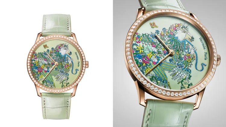 Slim D’Hermès Le sacre des saisons工藝腕錶｜春季，39.5mm，玫瑰金錶殼鑲嵌66顆鑽石，檸檬綠玉髓錶面搭配微繪工藝，霧面淡綠色短吻鱷魚皮錶帶，愛馬仕自製H1950超薄自動上鍊機械機芯，動力儲存48小時，防水深度30米，限量12只，289萬9000元。品牌提供