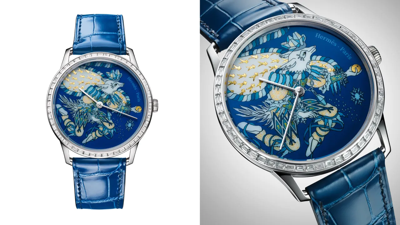 Slim D’Hermès Le sacre des saisons工藝腕錶|冬季,39.5mm,白K金錶殼鑲嵌52方形切割鑽石,金質錶面搭配微繪琺瑯、鑲金琺瑯工藝,亮面皇家藍色短吻鱷魚皮錶帶,愛馬仕自製H1950超薄自動上鍊機械機芯,動力儲存48小時,防水深度30米,限量12只,436萬5000元。品牌提供