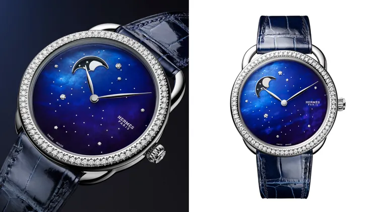 Arceau Petite Lune ciel étoilé小月相腕錶，38mm，精鋼錶殼隱藏式鑲嵌70顆鑽石，天然紋理漸層藍色珍珠母貝錶盤，亮面藍寶石色短吻鱷魚皮錶帶，愛馬仕自製H1837自動上鍊機械機芯，動力儲存42小時，防水深度30米，62萬7000元。品牌提供