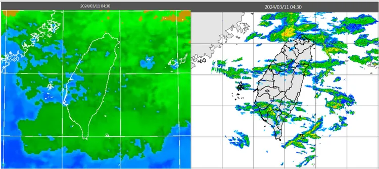 今(11日)晨4：30紅外線色調強化雲圖顯示，各地雲量多(左圖)。4：30雷達回波合成圖亦顯示，伴隨弱回波消長(右圖)。