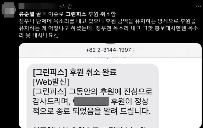 韓國網友不滿柳俊烈「漂綠」，公開停止捐款給綠色和平的簡訊。翻攝X（推特）