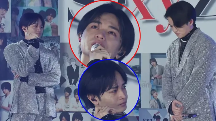 即將退團的中島健人（左）向認識最久的菊池風磨致詞道別時，忍不住淚流滿面。翻攝Sexy Zone YouTube