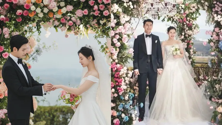 金秀賢、金智媛在《淚之女王》（左圖）的婚禮，拷貝玄彬與孫藝真的世紀婚禮。翻攝tvN、VAST娛樂