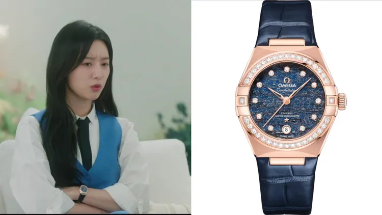 金智媛在第二集戴上OMEGA星座29毫米腕錶，78萬元。左圖翻攝Netflix、右圖品牌提供