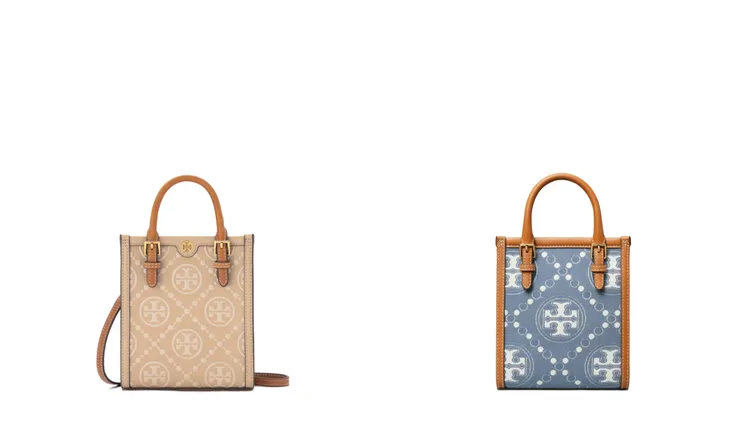 T Monogram迷你壓花托特包（左）1萬6900元、T Monogram迷你丹寧托特包（右）1萬6900元。品牌提供