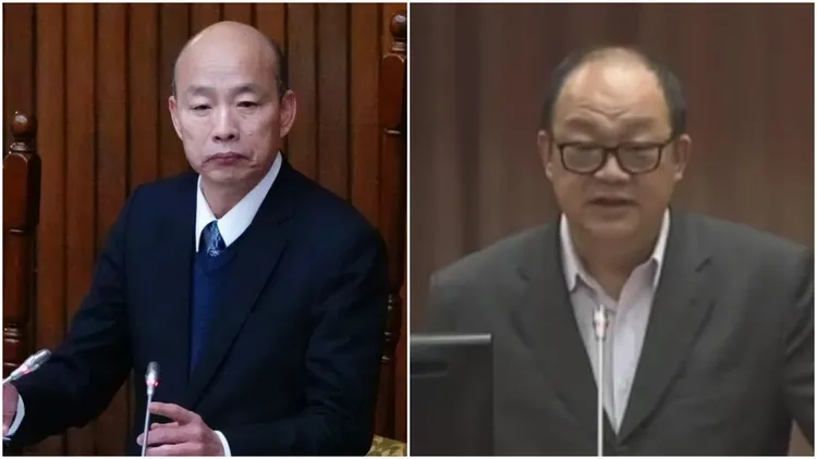 立法院長韓國瑜日前撂話，要官員潔身自愛，沒想到10天後總務處長周傑就被拔官。左圖資照、右圖翻攝立院YouTube