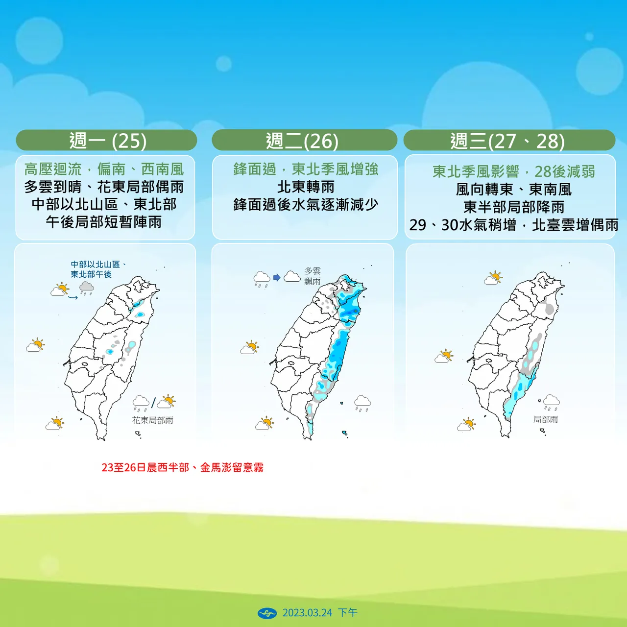 下週二北方的低壓鋒面系統的尾端將逐漸南下通過台灣,預估會在上半天開始受到微弱鋒面影響。中央氣象署提供