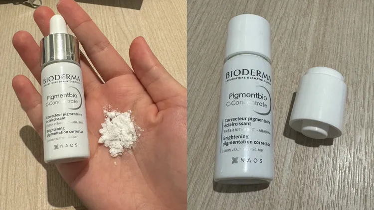 貝膚黛瑪12%超級C酸激光煥膚精華，使用前需將瓶蓋的2%維他命C醣苷精萃粉壓出混合。張家玲攝