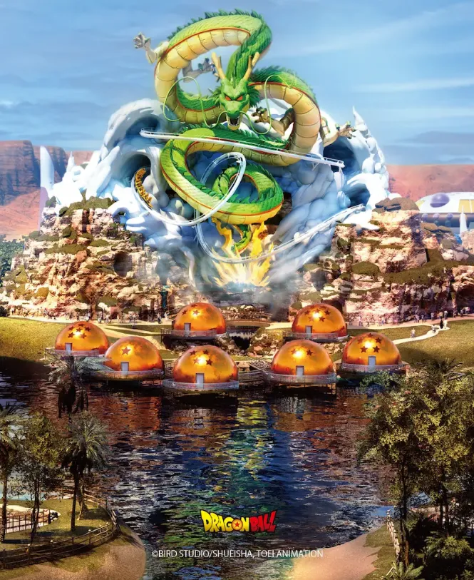 園區中央地標「神龍」高約70公尺。翻攝自《七龍珠》樂園官網