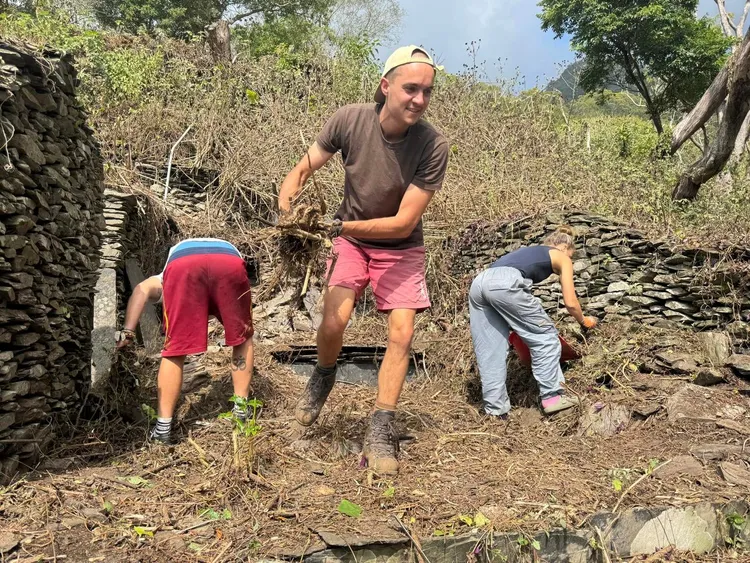 最近有三位德國志工上山協助重建石板屋。台邦‧撒沙勒提供