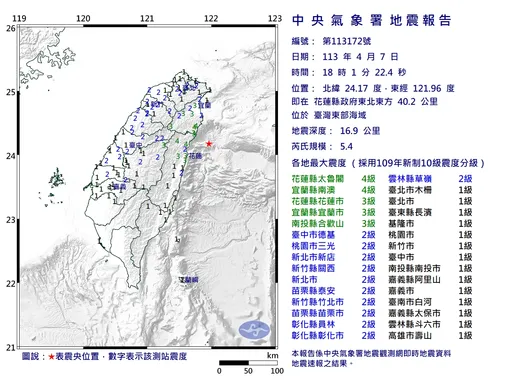 18:01花蓮外海規模5.4淺層地震　太魯閣、南澳震度4級