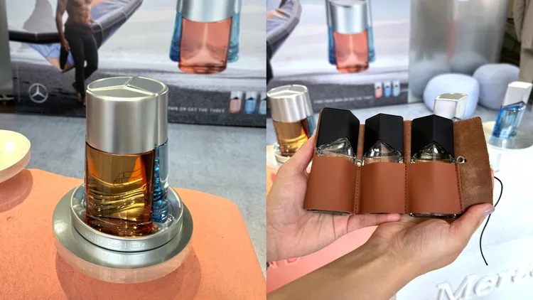 Mercedes-Benz的三芒星經典香氛，3款男香合體瓶蓋可組成賓士的三道星芒，另還有可以一次擁有3款30ml香氛的典藏組。張家玲