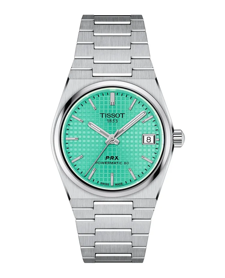 Tissot PRX自動上鍊機械腕錶35mm電光綠，2萬3200元。品牌提供