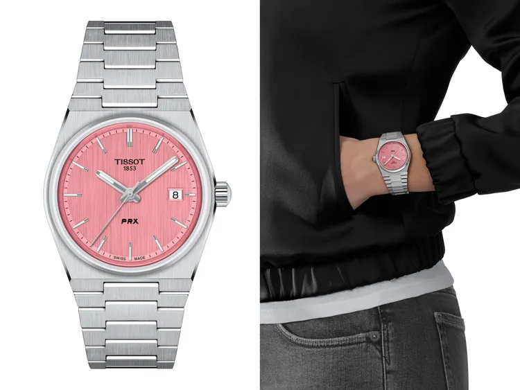 Tissot PRX石英腕錶35mm薔薇粉，1萬2300元。品牌提供