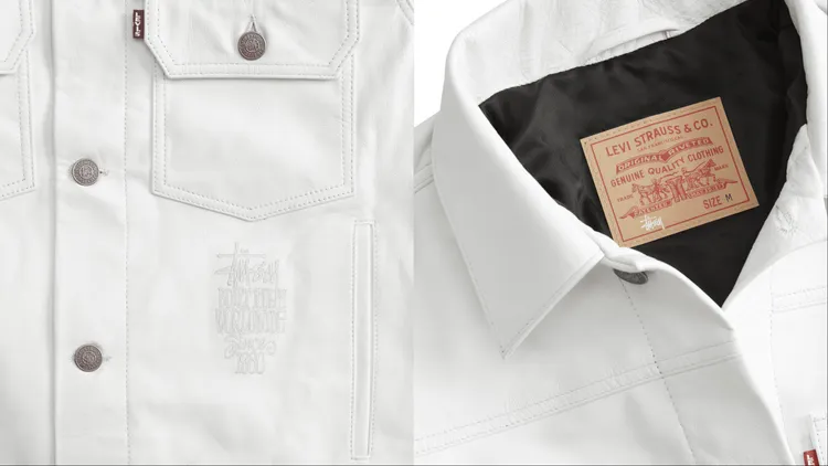 皮革夾克外套正面處繡有Stüssy品牌標誌及標語。品牌提供