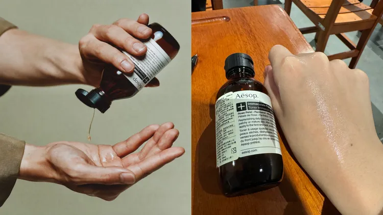 Aesop純淨無暇調理液擁有輕盈水狀質地，100ml／1650元。左圖品牌提供、右圖張家玲攝