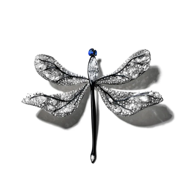 20周年蜻蜓胸針，主石 |5.06 克拉馬眼形切割白鑽；配石 | 白鑽、藍寶石；材質 | 光化樹脂、18K 白金、鈦金屬。品牌提供