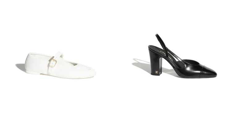 香奈兒白色雙C LOGO瑪莉珍鞋（左圖）3萬9300元、黑色皮革後繫帶跟鞋（右圖）3萬7900元。品牌提供