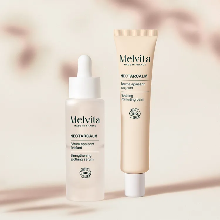 Melvita肌安平衡修護精露(左）30ml／1980元、肌安平衡修護霜（右）40ml／1580元。品牌提供