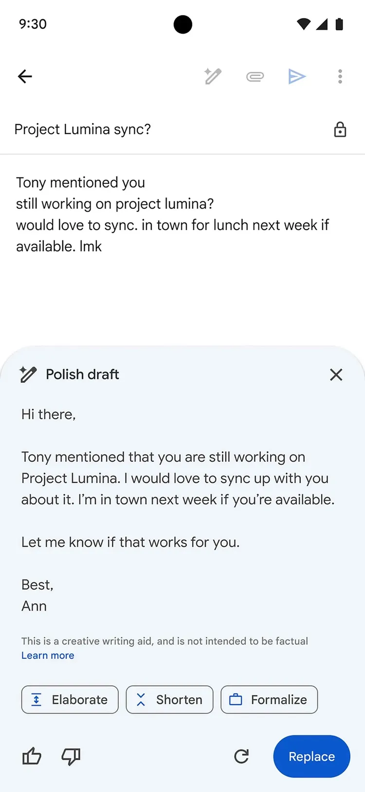 Google為gmail加入gemini協助，讓信件變得更完整。Google提供。