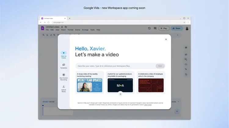 Google Vids是全新的人工智慧影片創作應用程式，預計6月加入Workspace Labs。Google提供。