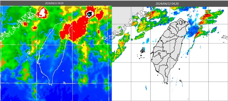 今（22）日清晨4時20分紅外線色調強化雲圖顯示，台灣中部以北上空有鬆散雲層（左）；雷達回波合成圖顯示，降水回波在東、西兩側海上（右）。氣象應用推廣基金會