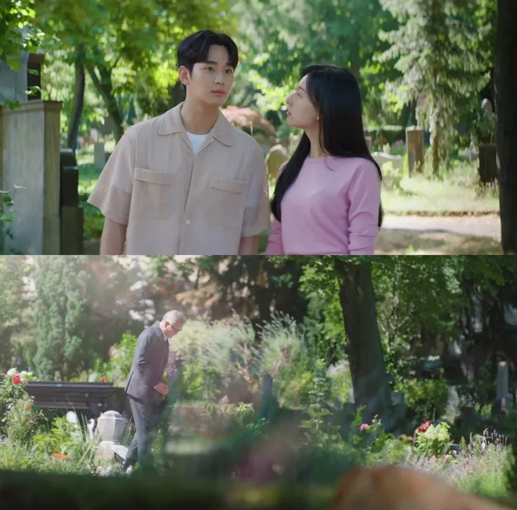 「白洪夫妻」第6集在德國度蜜月時，金智媛看到老爺爺在墳前獻花，但金秀賢沒看到。翻攝Netflix