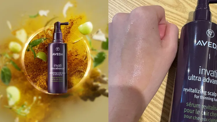 AVEDA蘊活煥欣豐盈精華，150ml／3000元。左圖品牌提供、右圖張家玲攝