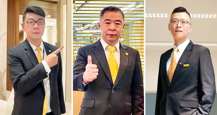 從他牌進入永慶加盟體系的林碩茂(圖左)、陳明勇(圖中)、翁皓堅(圖右)店東，今年第一季表現亮眼，旗下皆有4間加盟店、單店季業績達1千萬元。永慶房產集團提供