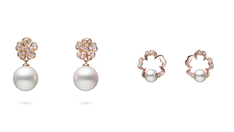 Cherry Blossom系列珍珠鑽石耳環（左）13萬元、（右）6萬3000元。品牌提供