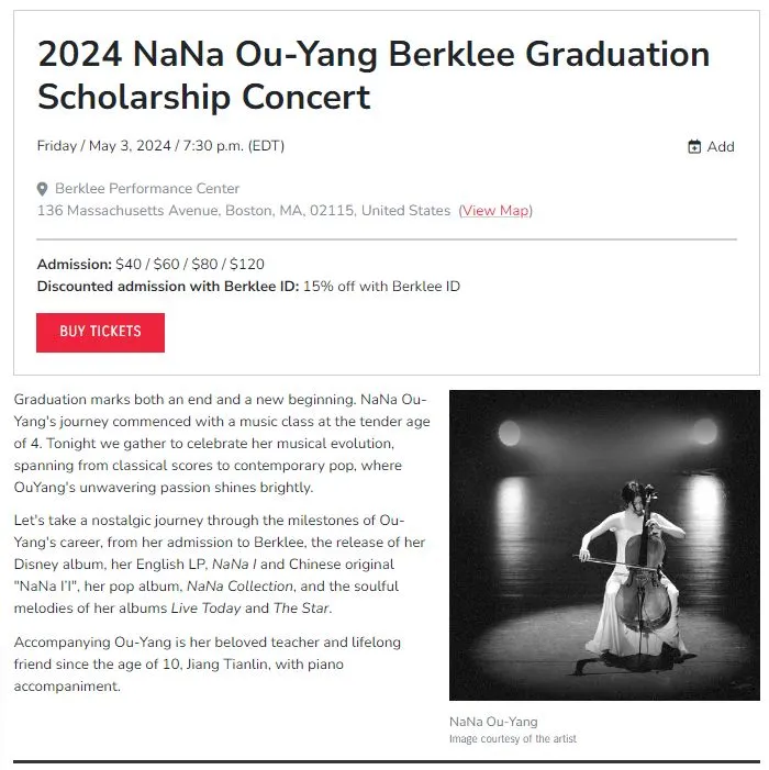 歐陽娜娜5月在伯克利音樂學院舉行畢業音樂會。翻攝Berklee網站