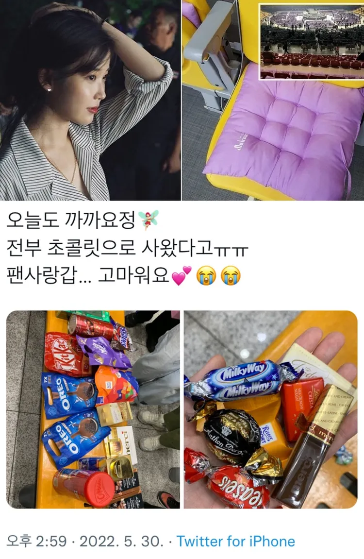 IU演唱會準備坐墊讓粉絲能舒服觀賞，結束後帶回家做紀念，每從國外回到韓國還會買伴手禮給接機粉絲。翻攝X（推特）