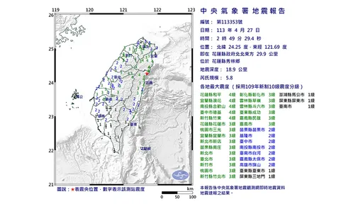 凌晨2:49花蓮秀林規模5.8地震　竹中投宜花等5縣市最大震度4級