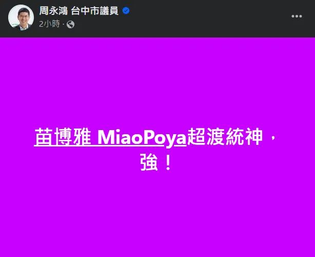 周永鴻發文大讚苗博雅「超渡統神」。翻攝周永鴻臉書