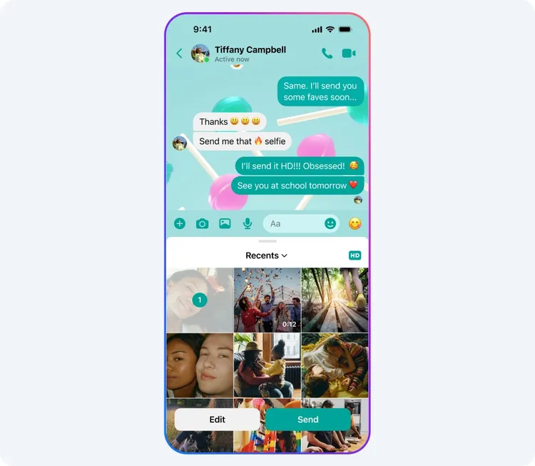 在聊天室中點擊想要傳送的照片，就能選擇以HD解析度傳送照片。Messenger提供。