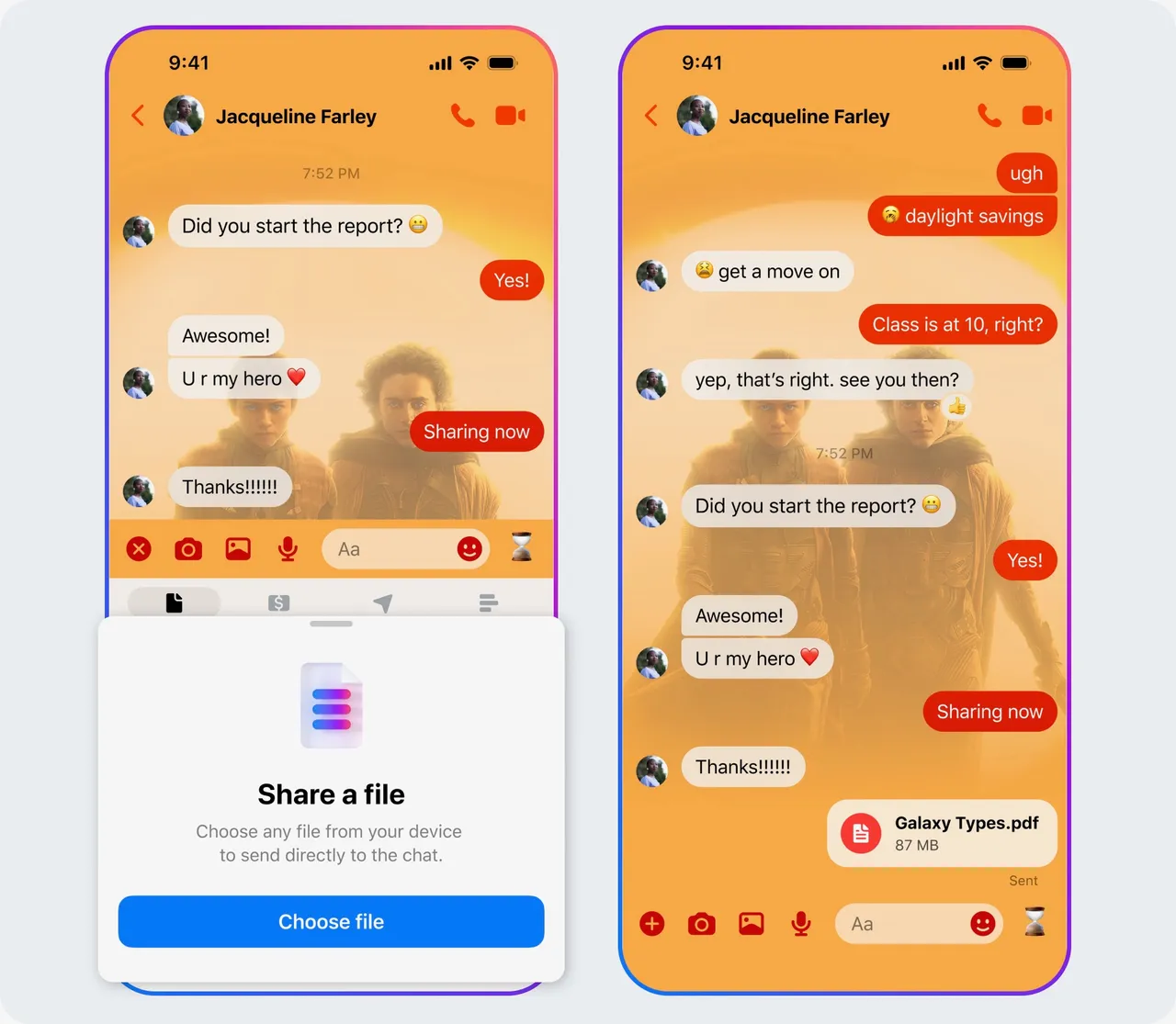 开放Word、PDF与Excel档案格式传送最高100MB档案。Messenger提供。