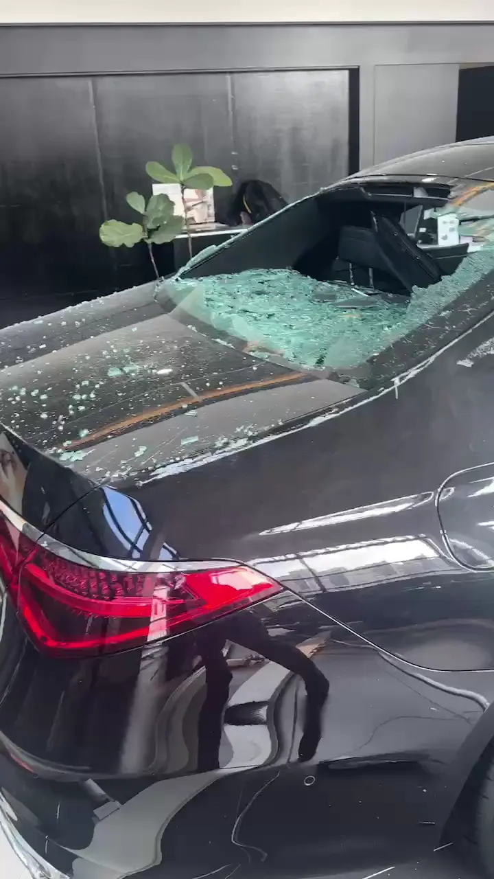 停在展示間的全新賓士後擋玻璃遭掉落物砸碎。翻攝畫面