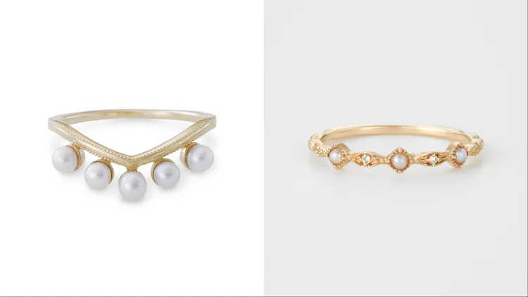agete 10Kx珍珠戒指（左）1萬1300元、agete 10K×淡水珍珠×鑽石戒指（右）1萬1900元。品牌提供