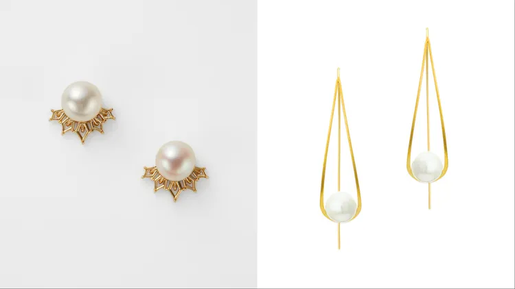 agete 10Kx 淡水珍珠耳環9600元（左）、1萬5700元（右）。品牌提供