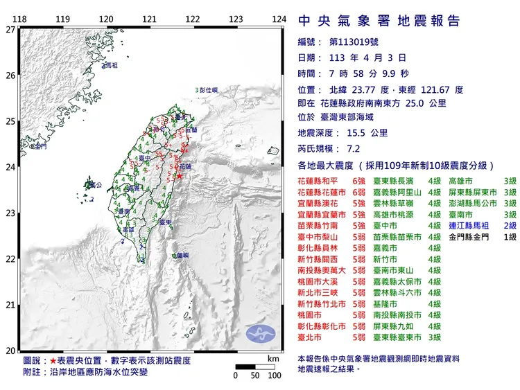 今天早上7時58分發生7.2地震，全台多地有感。氣象署提供