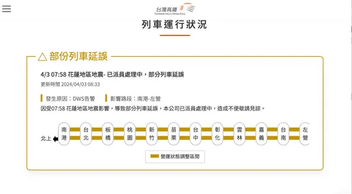 7:58花蓮有感大地震! 高鐵部分列車延誤